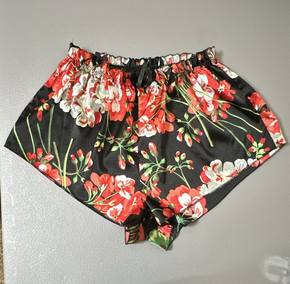 Women’s Floral Sleep Shorts Black Red White Green 1XL Elastic Waist silky-feel
